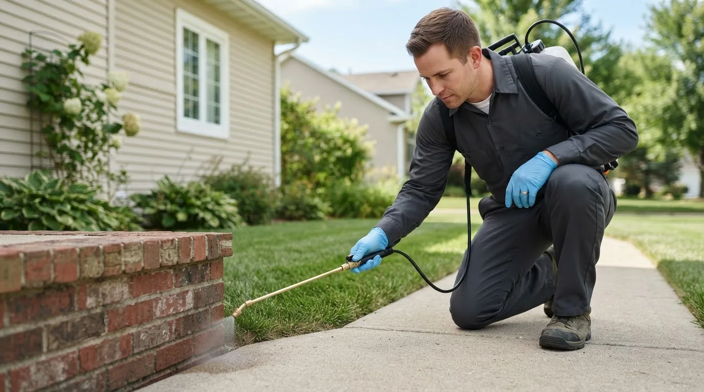 Pest control technician treating a home near La Habra, CA